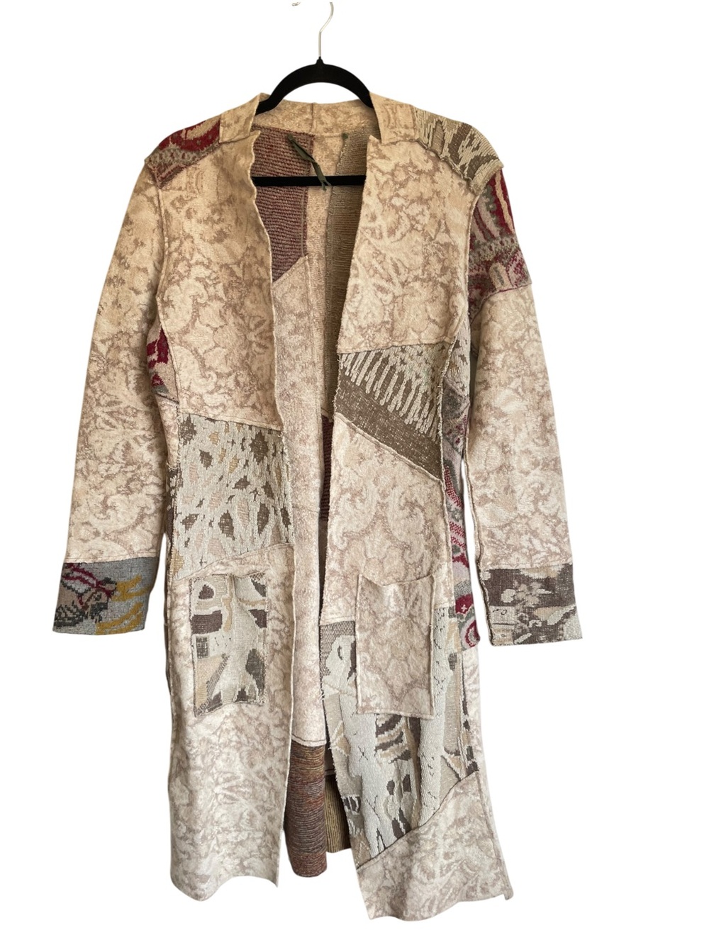 Patchwork Open-Front Coat with Subtle Accent Colors Front Pockets